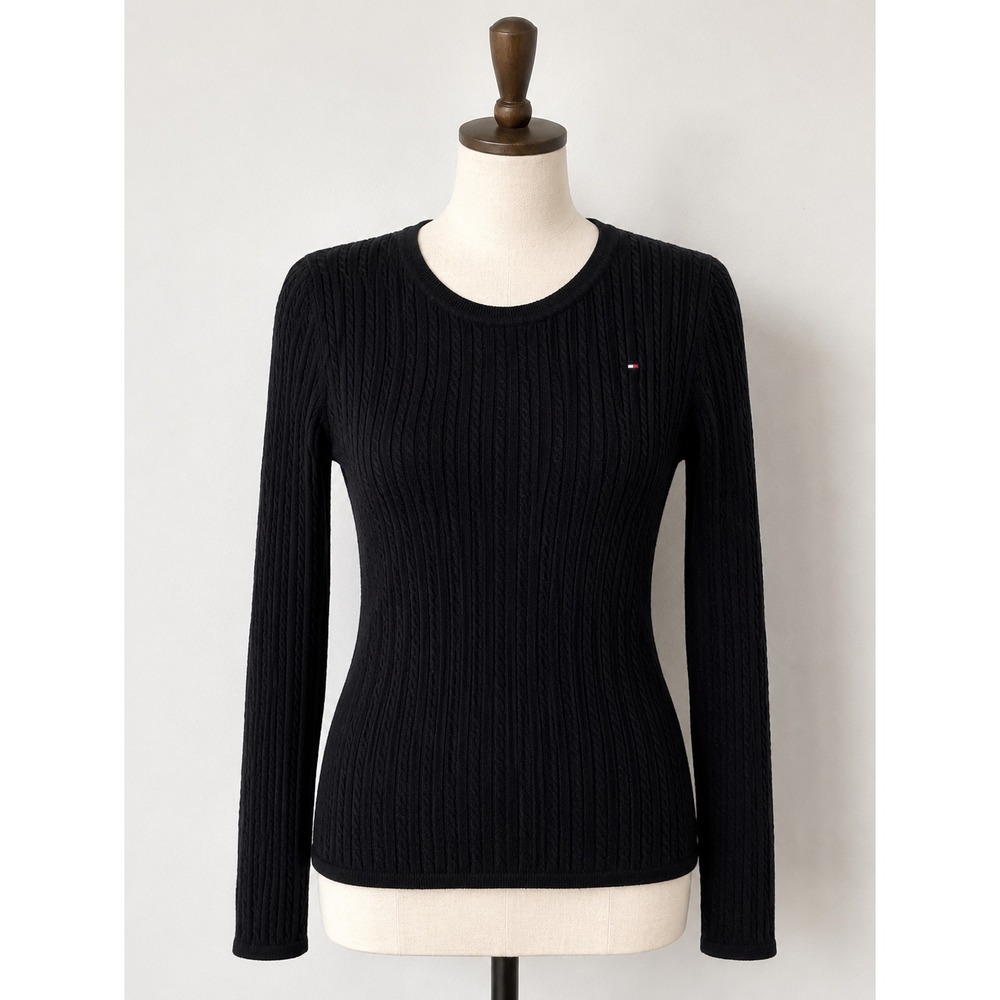 Tommy Hilfiger Cable Knit Sweater Womens Large Black Crew Neck Preppy Staple